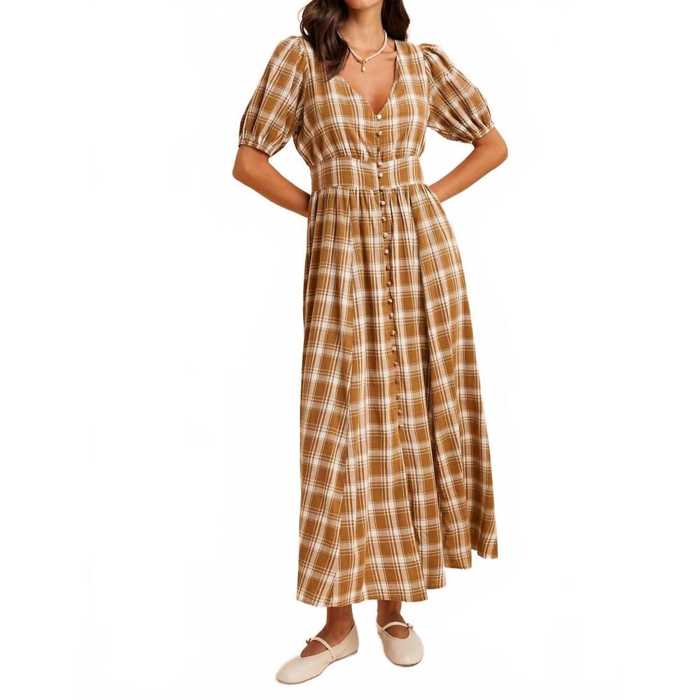 NEW IN-LOOM plaid button down maxi dress in chestnut